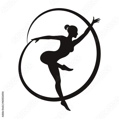 Artistic gymnast black silhouette doing a ribbon twirl, simple logo style
