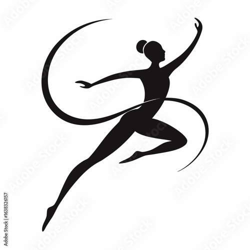 Black silhouette rhythmic gymnast twirling ribbon, elegant logo
