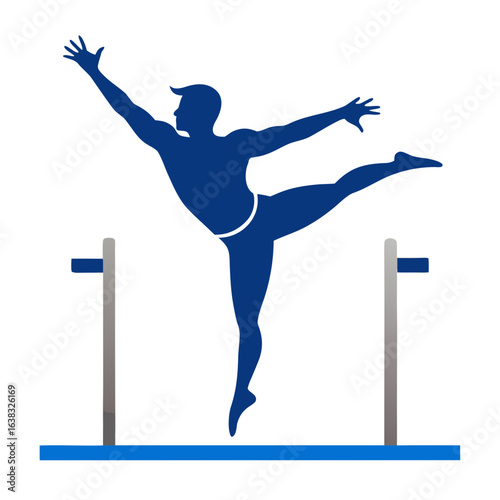 Male gymnast silhouette holding a handstand on parallel bars, clean vector logo
