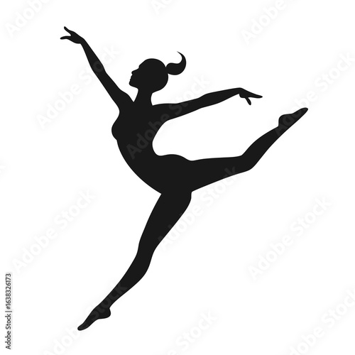 Black silhouette of gymnast in floor exercise split pose, vector logo
