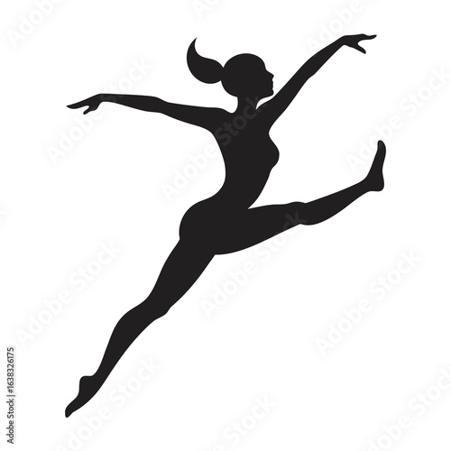 Black silhouette of gymnast in floor exercise split pose, vector logo
