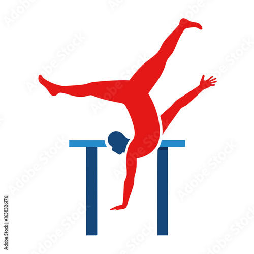 Male gymnast silhouette holding a handstand on parallel bars, clean vector logo
