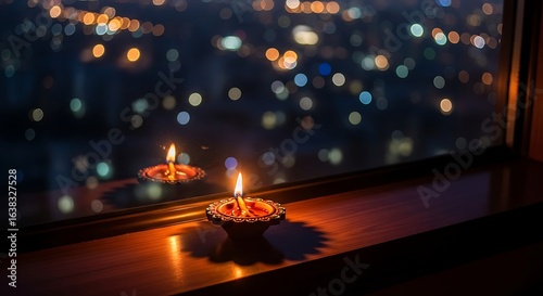 A Solitary Diwali Diyas Warm Glow Reflected Against a Bokeh City Night.