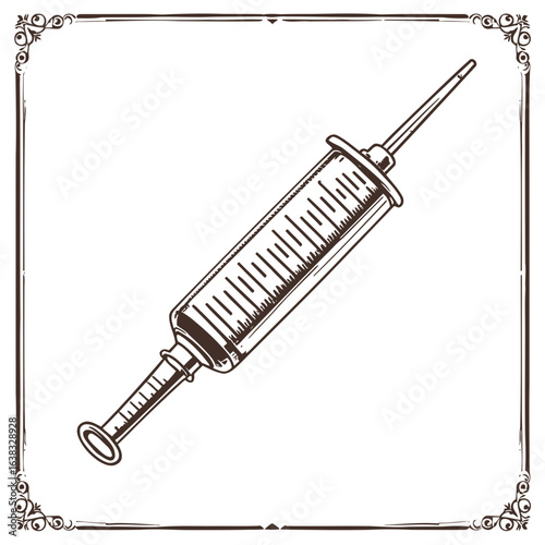 Vintage medical equipment with a steel hypodermic needle is the key to this isolated syringe vector illustration