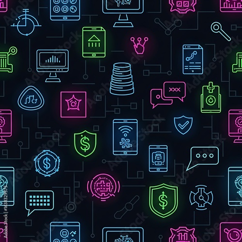 Cyberpunk Neon Grid Seamless Pattern of Digital Business and Finance Icons.