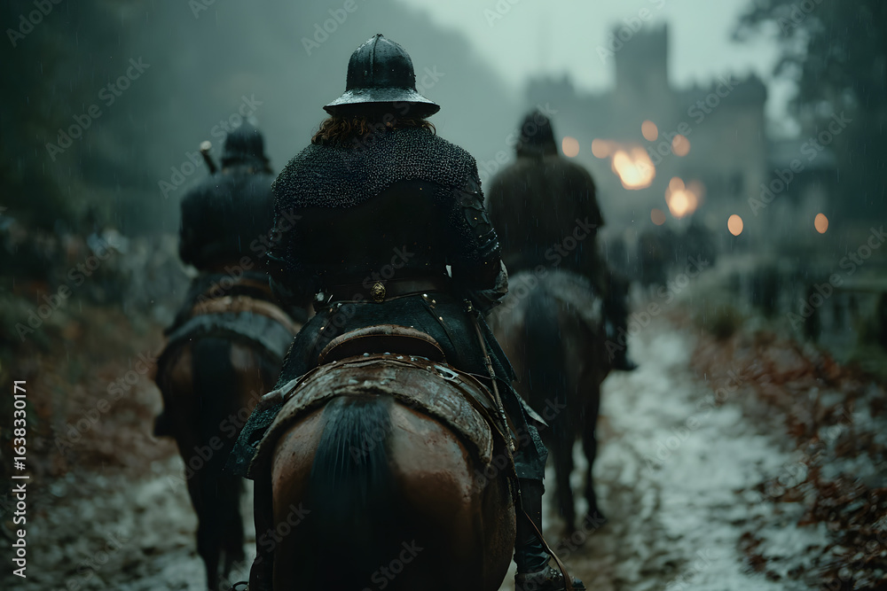 Fototapeta premium Three cloaked riders on horseback approaching a distant illuminated castle in the rain, creating a dark and mysterious fantasy scene.