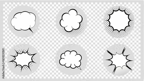 Vector illustration of six comic style speech bubbles and bursts on a transparent checkered background design