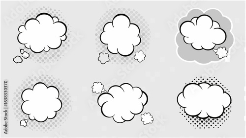 Vector illustration of six comic style speech bubbles and bursts on a transparent checkered background design
