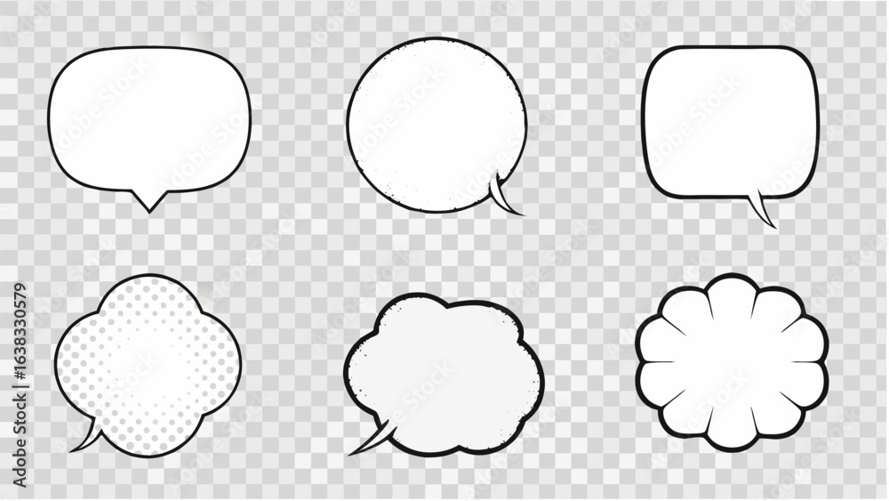 Vector illustration of six speech bubbles with different shapes including round square and cloud like shapes design 100 Vector illustration of six speech bubbles with different shapes including round square and cloud like shapes design 100