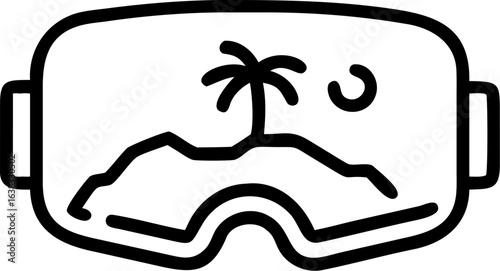 Immersive virtual reality headset displaying a breathtaking tropical island paradise with crystal clear ocean and palm trees