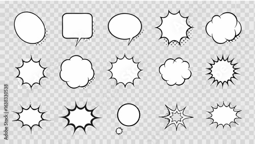 Vector illustration of six comic style speech bubbles and bursts on a transparent checkered background design