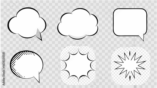 Vector illustration of six comic style speech bubbles and bursts on a transparent checkered background design