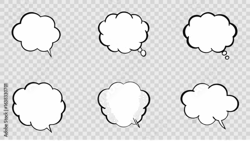 Vector illustration of six comic style speech bubbles and bursts on a transparent checkered background design