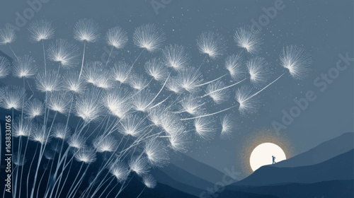 Serene moonlit meadow with dandelion seeds blowing across the night sky in elegant vector design