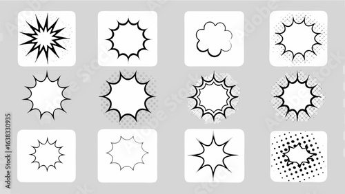 Vector illustration of six comic style speech bubbles and bursts on a transparent checkered background design
