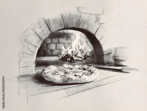 Pizza with brick oven sketch