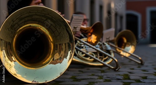 Golden Hour Echoes Cityscape Reflected in a Tubas Bell.