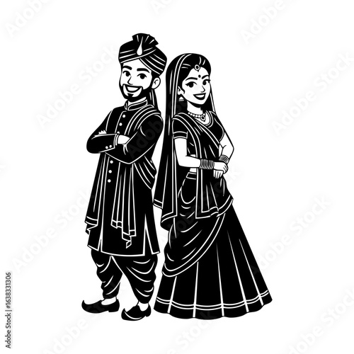 Minimal Hindu Wedding Couple Back to Back Pose Vector Illustration