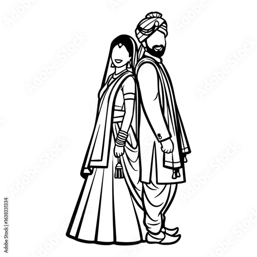 Minimal Hindu Wedding Couple Back to Back Pose Vector Illustration