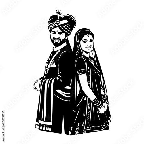 Minimal Hindu Wedding Couple Back to Back Pose Vector Illustration