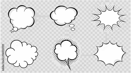 Vector illustration of six comic style speech bubbles and bursts on a transparent checkered background design