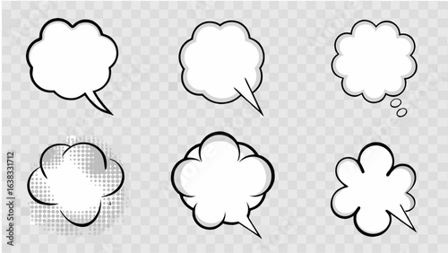 Vector illustration of six comic style speech bubbles and bursts on a transparent checkered background design
