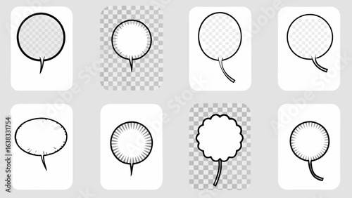 Vector illustration of six comic style speech bubbles and bursts on a transparent checkered background design
