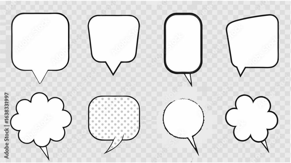 Obraz premium Vector collection of eight white speech bubbles with black outlines on a transparent checkered background design element
