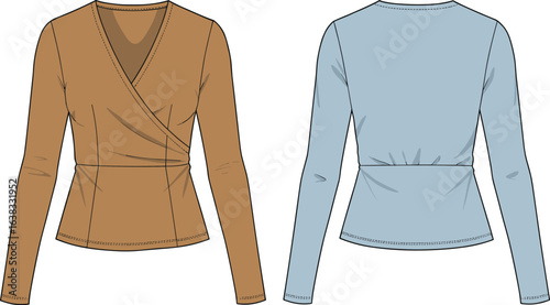 Long sleeve wrap top front and back view, V-neckline, fitted silhouette, seam detail, fashion design, cad drawing flat vector illustration