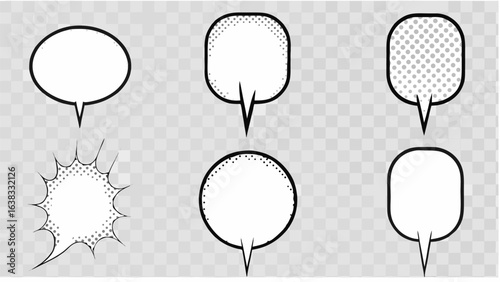Vector illustration of six comic style speech bubbles and bursts on a transparent checkered background design