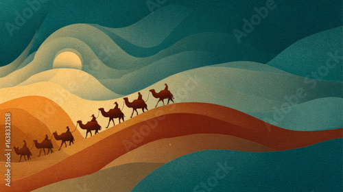 Majestic camel caravan crossing stylized desert dunes under a warm sunset in cultural vector design