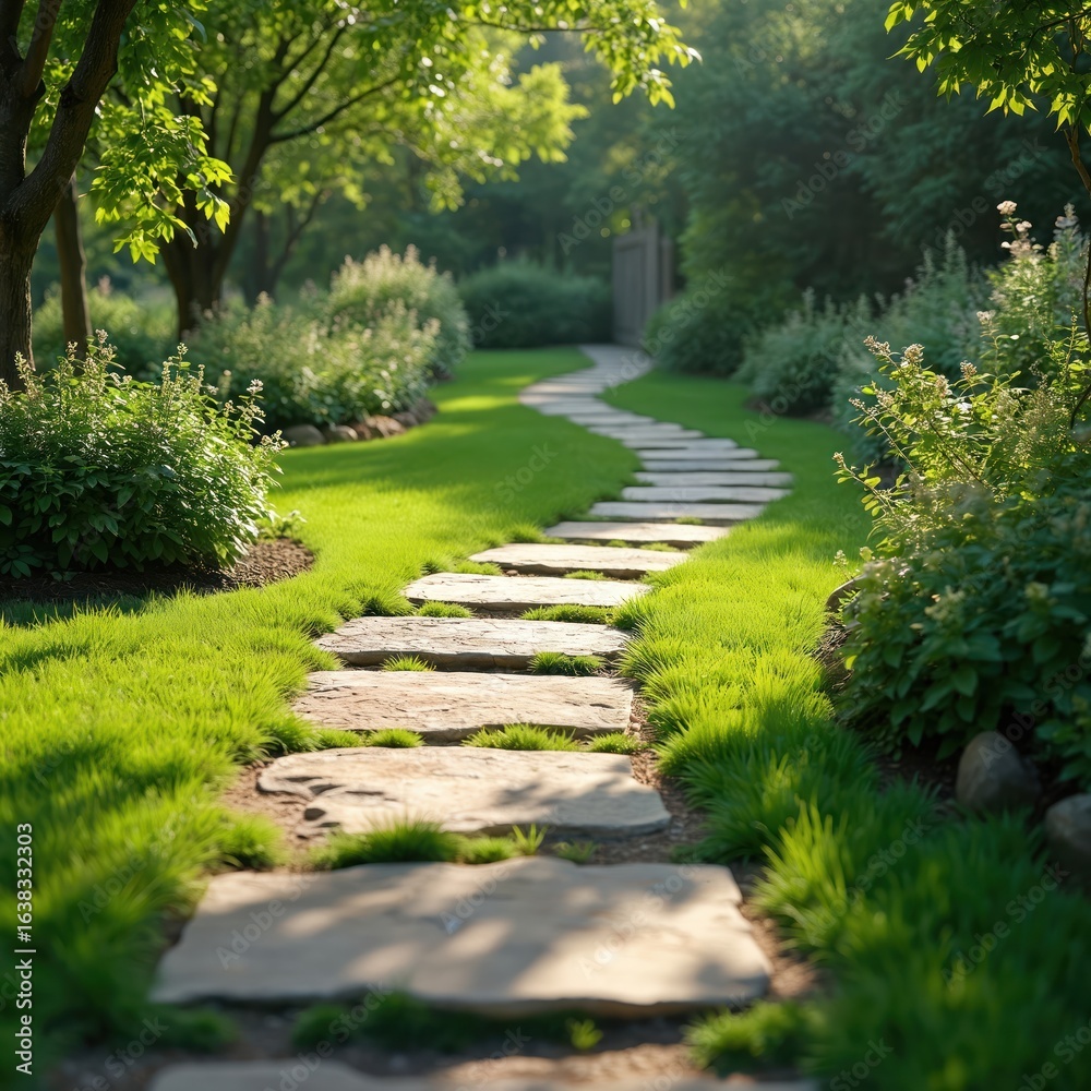 Sunlit garden path with irregular stone steps winding through rich green grass, vibrant foliage. Mature trees flank walkway, casting dappled shadows. Tranquil scene evokes natural beauty, peaceful Sunlit garden path with irregular stone steps winding through rich green grass, vibrant foliage. Mature trees flank walkway, casting dappled shadows. Tranquil scene evokes natural beauty, peaceful