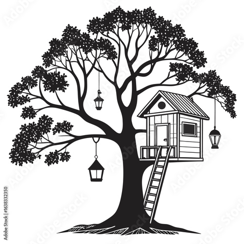 Treehouse with hanging lanterns silhouette