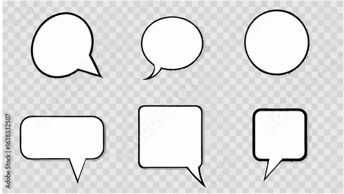 Vector illustration of six comic style speech bubbles and bursts on a transparent checkered background design