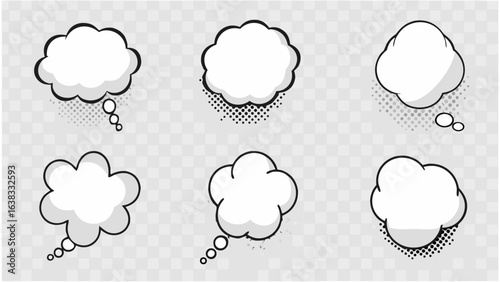 Vector illustration of six comic style speech bubbles and bursts on a transparent checkered background design