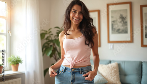 Woman happily shows weight loss progress in loose jeans. Healthy lifestyle, diet transformation achieve slimness. Success, confidence, motivation for wellness, self-improvement in casual home attire. Free Download Woman happily shows weight loss progress in loose jeans. Healthy lifestyle, diet transformation achieve slimness. Success, confidence, motivation for wellness, self-improvement in casual home attire. - GFXLoad