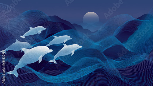 Vibrant dolphins swimming through stylized ocean waves at sunset with colorful coral reef illustration
