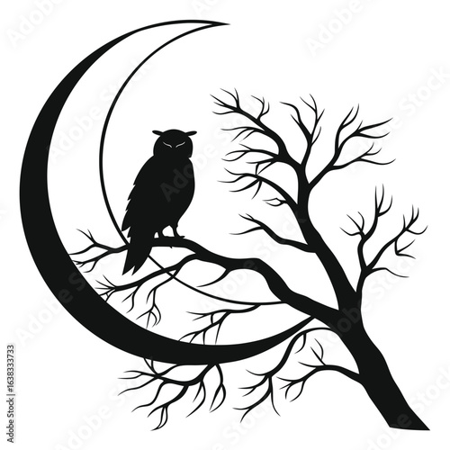 Owl perched on crescent moon silhouette