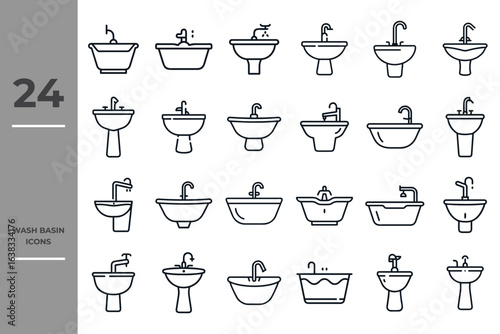 Line icons set of a wash basin with faucet.
