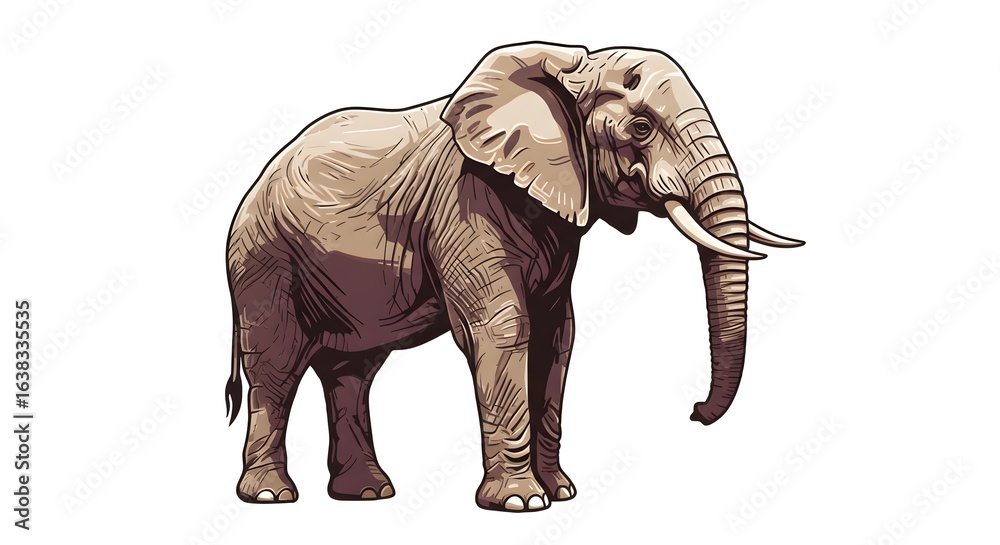 Fototapeta premium A detailed illustration of a majestic African elephant standing in profile, isolated on a clean white background for wildlife concepts.