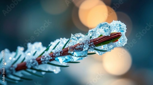 A closeup of a conifer branch coated in ice crystals The branch is brown and green with tiny needles with diffused light orbs in background
