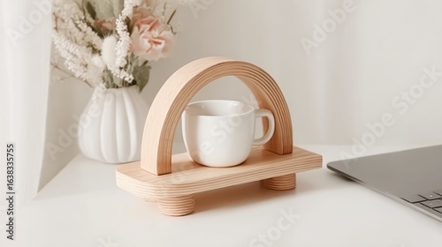 Minimalist light beige wooden laptop stand with a white mug for office design and workspace themes
