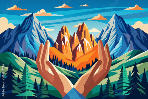 vector of A hand in the shape of a heart... expresses love for the magnificent peaks of the Dolomites and adventure