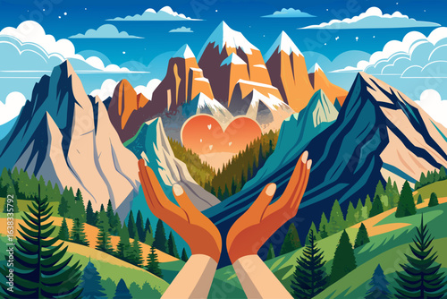 vector of A hand in the shape of a heart... expresses love for the magnificent peaks of the Dolomites and adventure