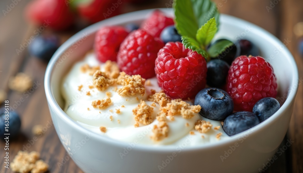 Creamy Greek yogurt bowl topped with fresh raspberries, blueberries, crunchy granola. Healthy, delicious breakfast snack option. Wholesome meal offers vibrant mix of flavors, textures, perfect for