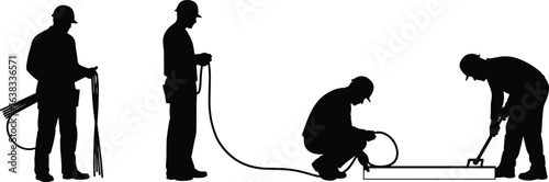 Silhouette of construction workers with tools, teamwork in building site, installing cables and equipment, industrial labor, maintenance, repair, silhouette men at work, construction teamwork