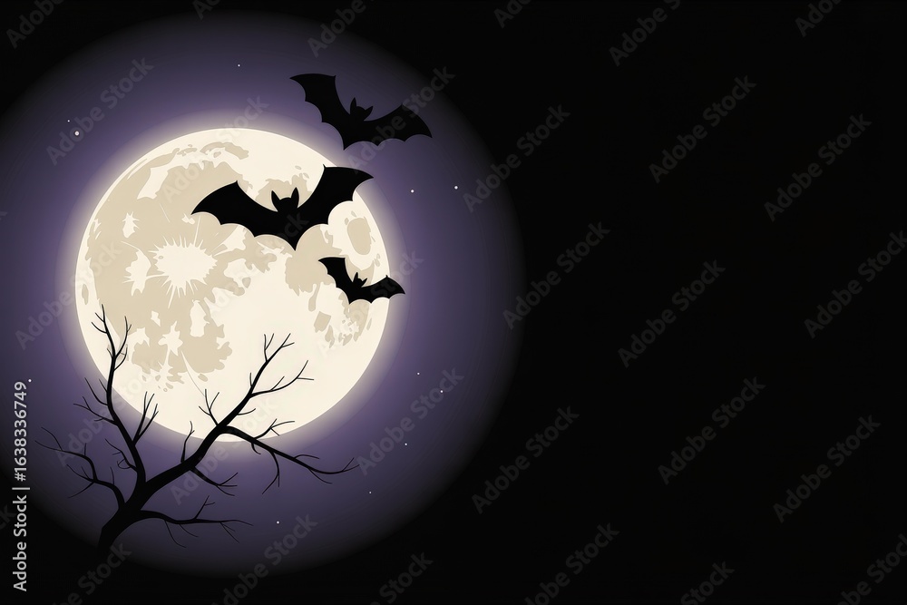 Fototapeta premium Modern Minimalist Vector Illustration Full Moon Flying Bats Bare Tree Dark Purple Background - Spooky Halloween Nighttime Art Marketing Decor