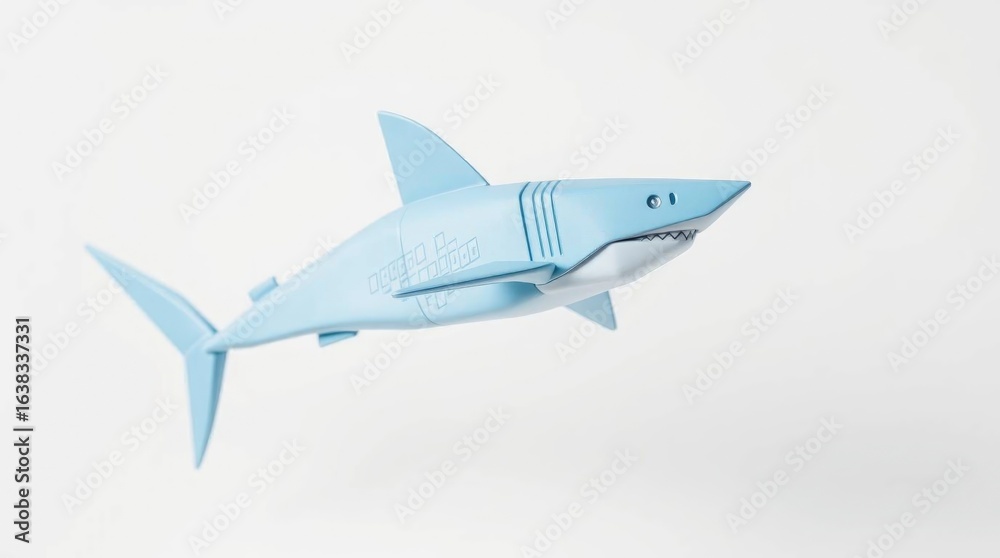 Obraz premium A lightblue toy shark with fins and teeth on a white backdrop