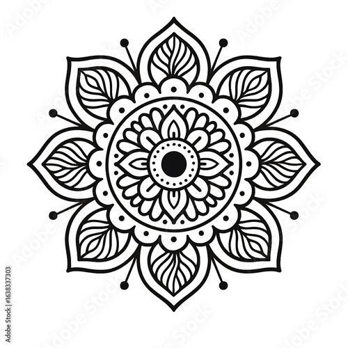 A detailed, intricate black and white illustration of a circular mandala pattern with a floral design.