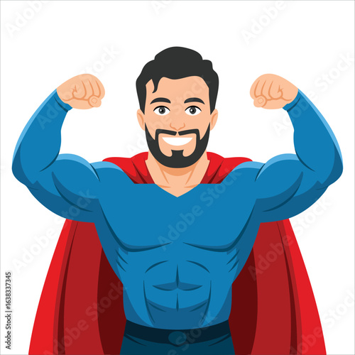 Cartoon style flat vector of a strong smiling superhero man flexing muscles with a red cape isolated on white background, great for comic and heroic themed projects.